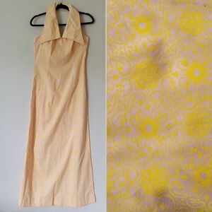 Vintage 70s Dagger Collar Backless Halter Maxi Dress Pastel Peach with Yellow